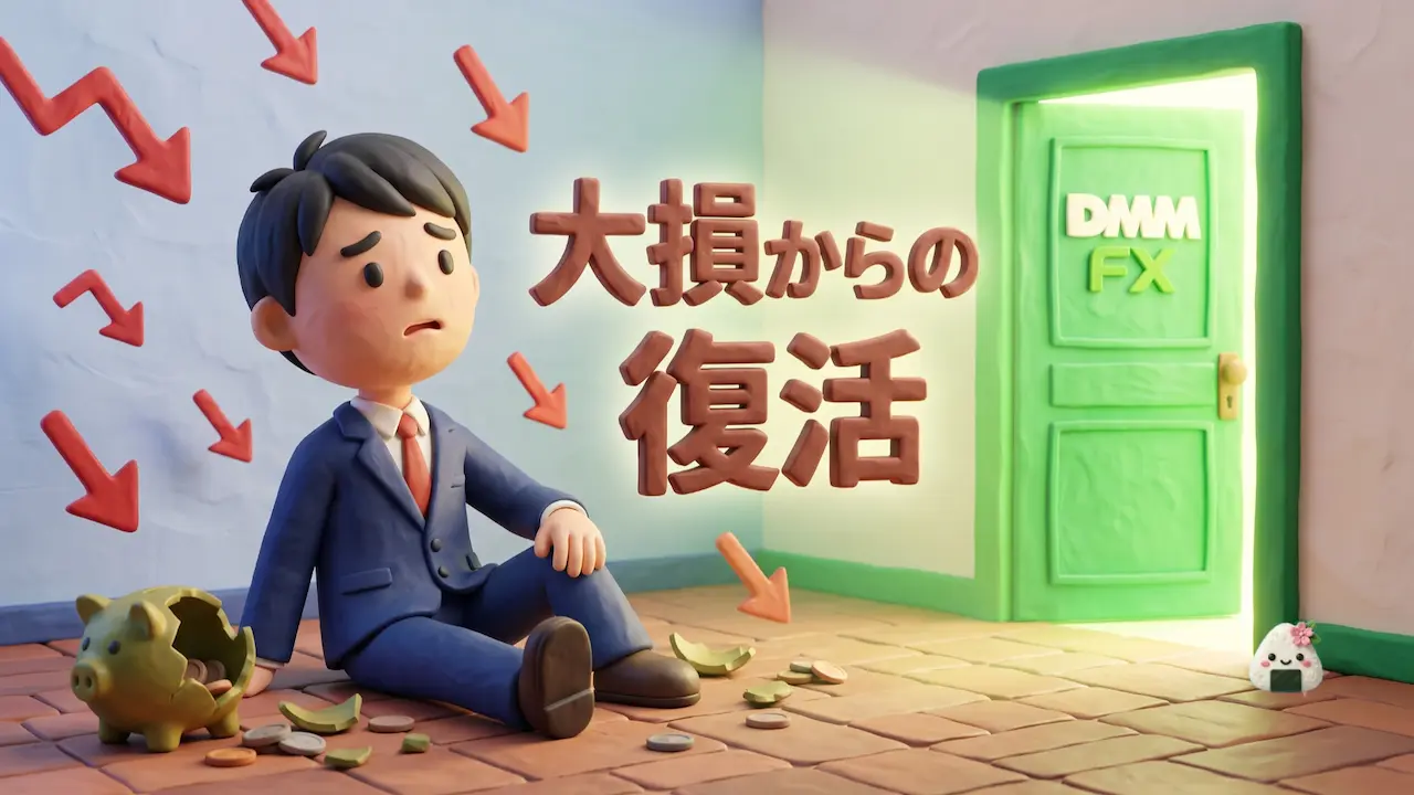 大損して落ち込むトレーダーが、DMM FXという新たな希望の扉を見上げている3Dイラスト