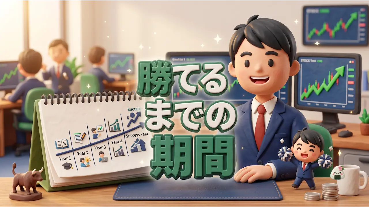 FXで勝てるようになるまでの期間と最短ルートを解説するトレーダーゆたまるの3Dイラスト